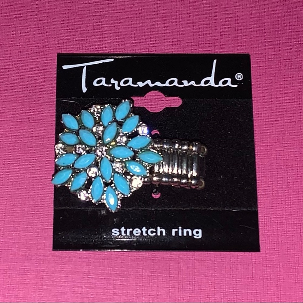 NWT, Turquoise, Silver & Rhinestone Flower Fashion Stretch Ring.